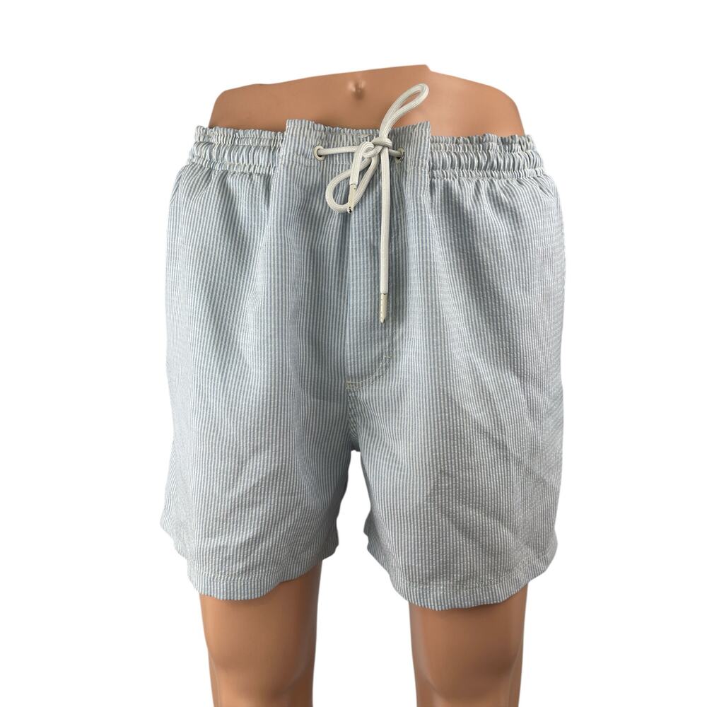 Reiss Mens Light Blue Striped Elastic High Waist Drawstring Board Shorts Size M